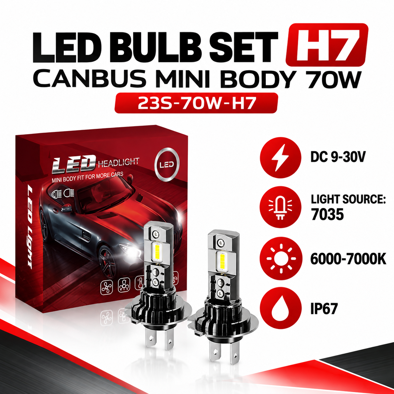 LED BULB SET CANBUS mini body 70W H7