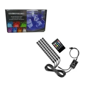 RGB амбиентално LED осветлување за автомобил со далечински управувач, 4 ленти, USB напојување, мултибоја светло за внатрешност