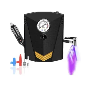 12V автомобилски компресор со манометар и LED светло, вклучени млазници за гуми и спортска опрема.