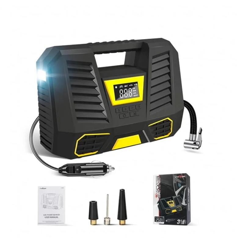 Електричен компресор за автомобилски гуми со дигитален дисплеј и LED светло – вклучува црево, додатоци и кутија